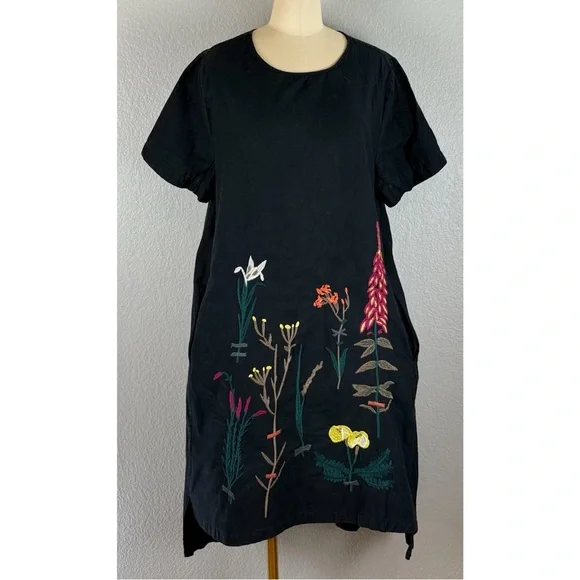 Black Floral Embroidered Tunic Oversized Midi Dress Cotton Linen‎ Lagonlook XL - Picture 8 of 14